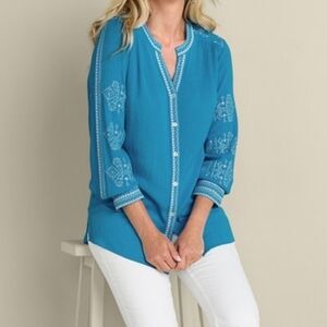 NWT Soft Surroundings Image Gauze Embroidered Button Down Blouse